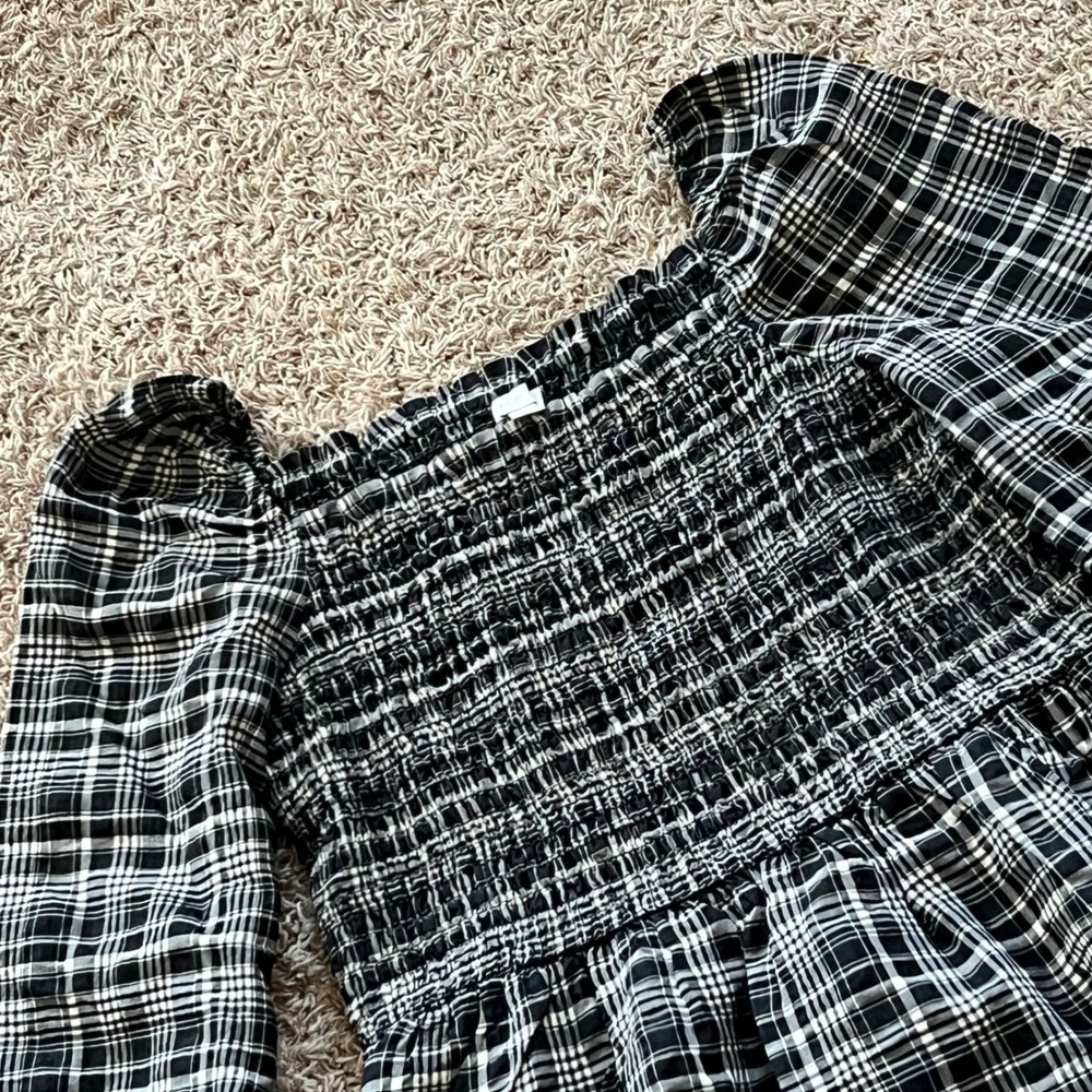 Loft Outlet Black White Plaid Smocked Midi Dress Womens Large Square Neck Puff L